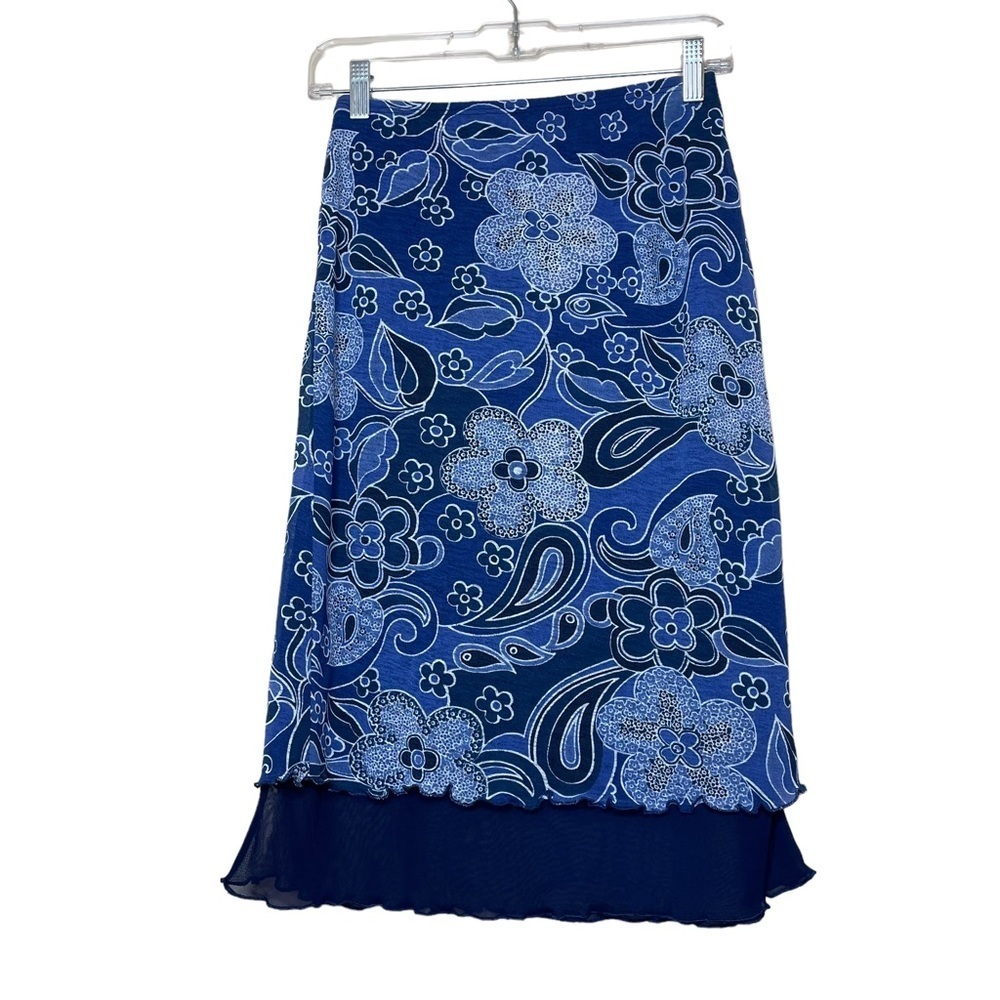 Vintage 90s Paisley Skirt Layered Ruffle Floral Blue Knee Length